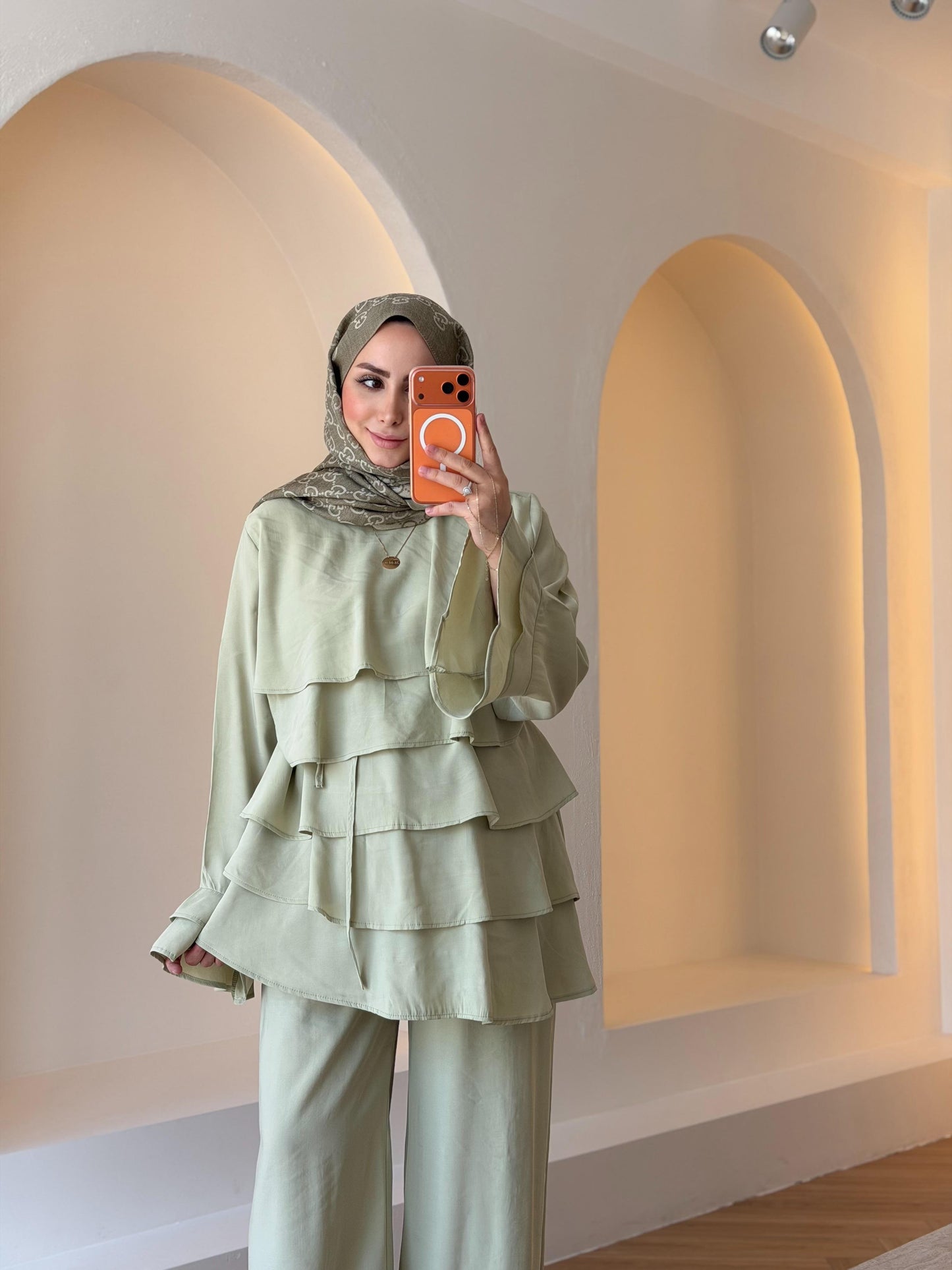Layered blouse with ruffled sleeves co-ord set - Dusty Sage Green