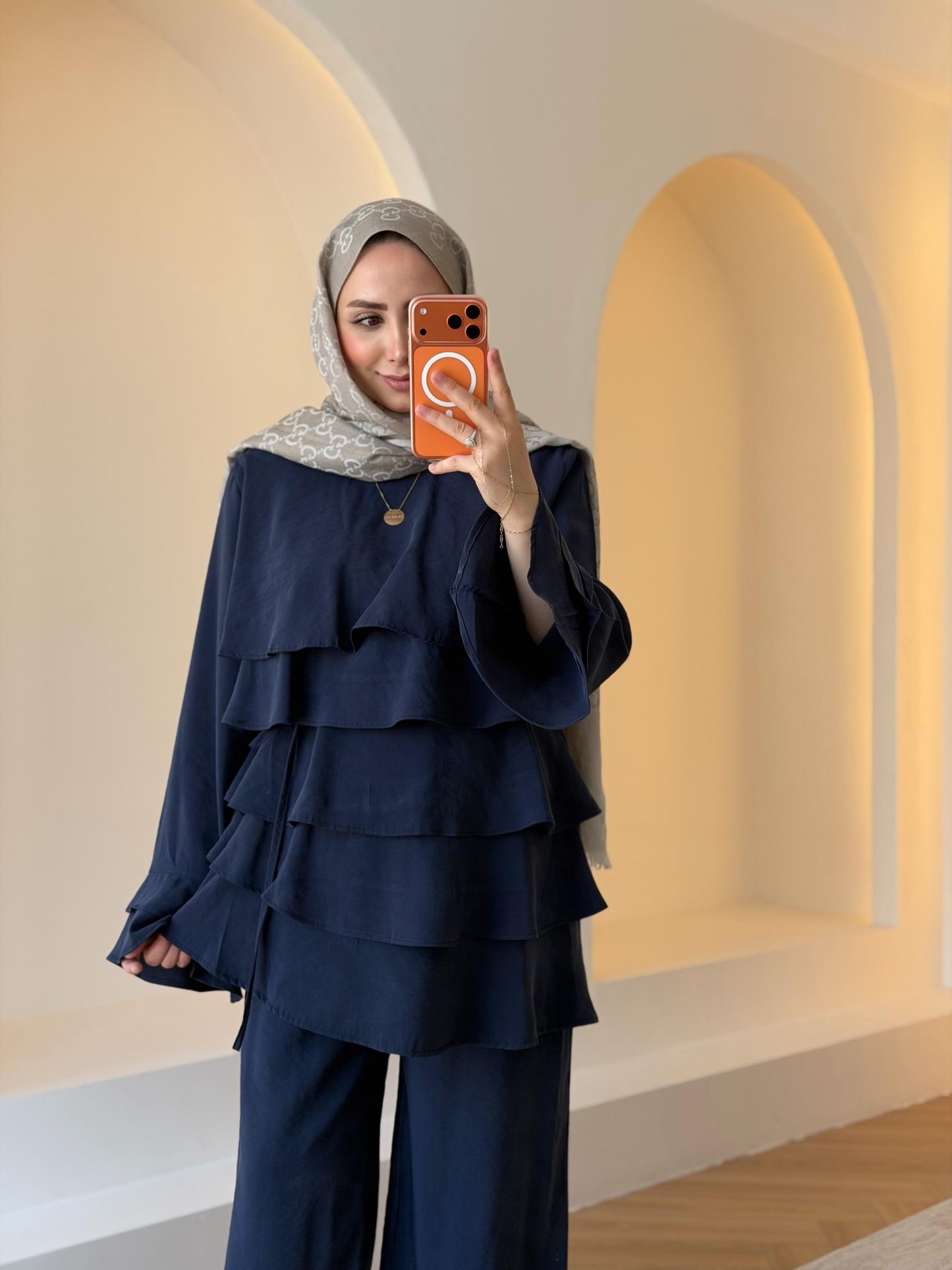Layered blouse with ruffled sleeves co-ord set- navy blue