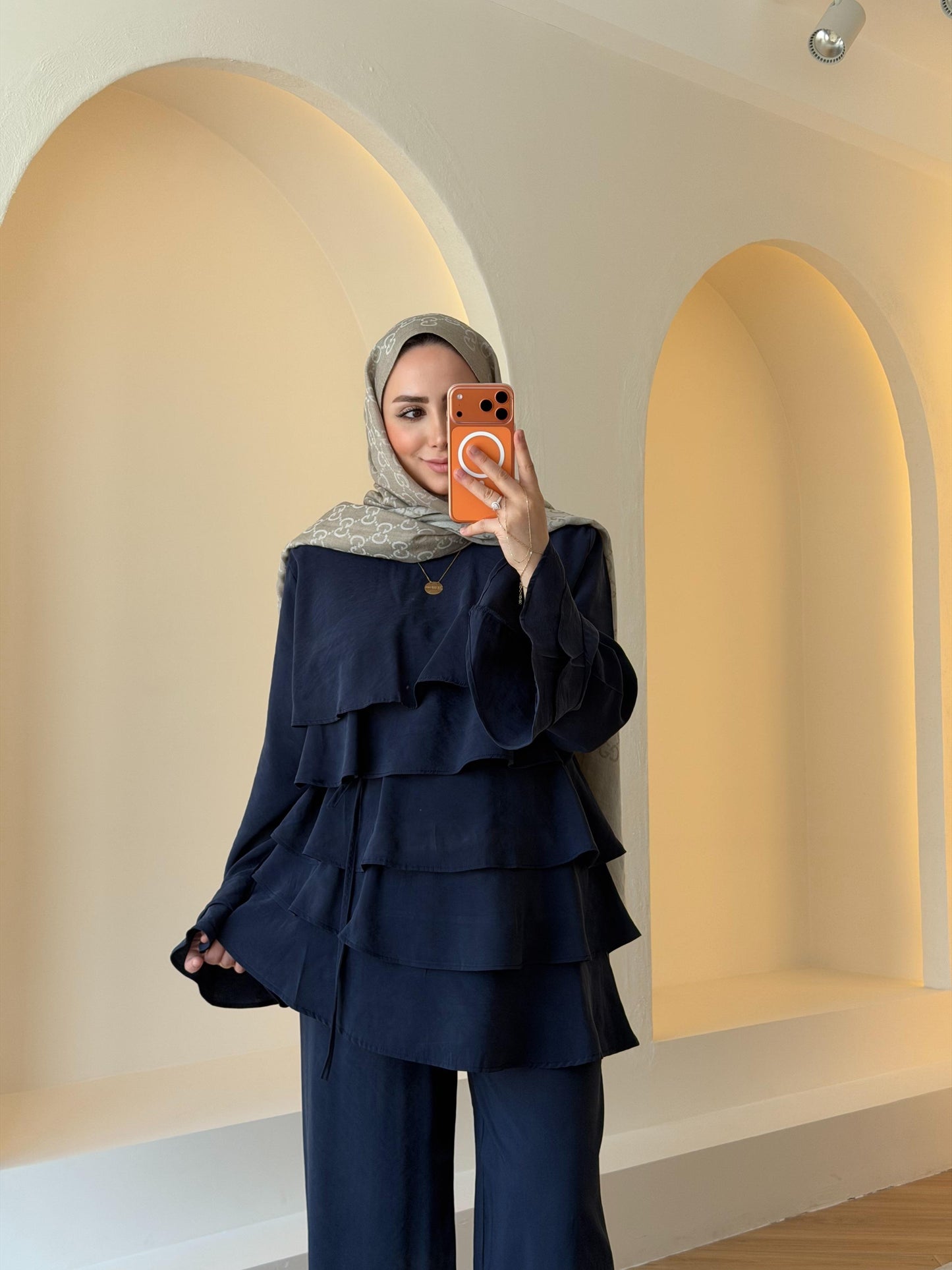 Layered blouse with ruffled sleeves co-ord set- navy blue