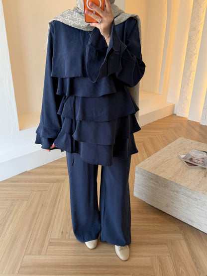 Layered blouse with ruffled sleeves co-ord set- navy blue
