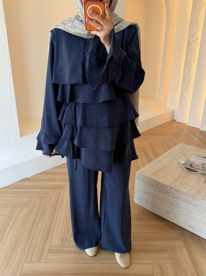 Layered blouse with ruffled sleeves co-ord set- navy blue