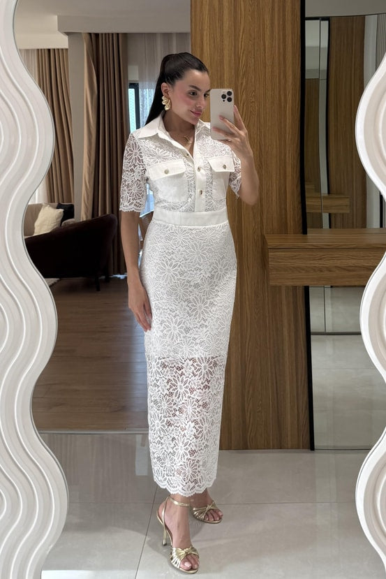 Gold buttons lace fabric dress