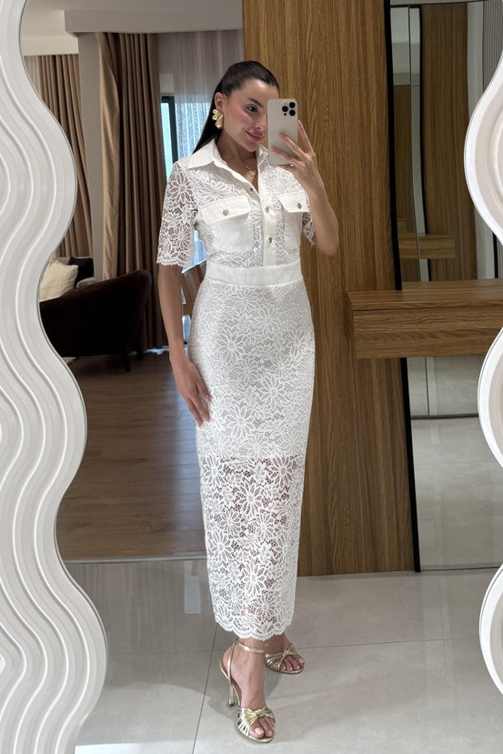 Gold buttons lace fabric dress