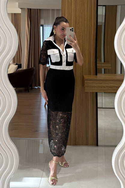 Gold buttons lace fabric dress