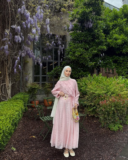 Layered blouse with maxi skirt, fully lined set - pink