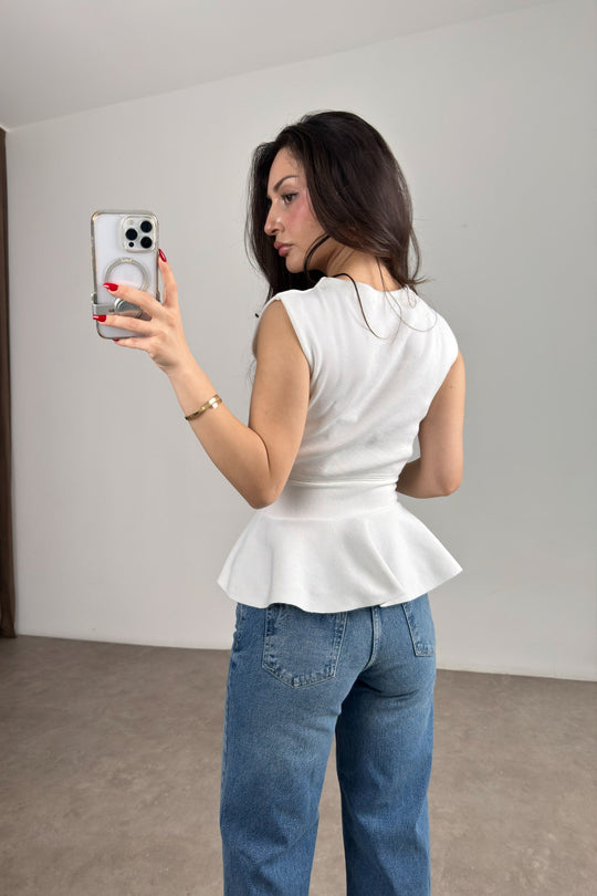 Knitted Ruffle Gold Button Peplum Top -white