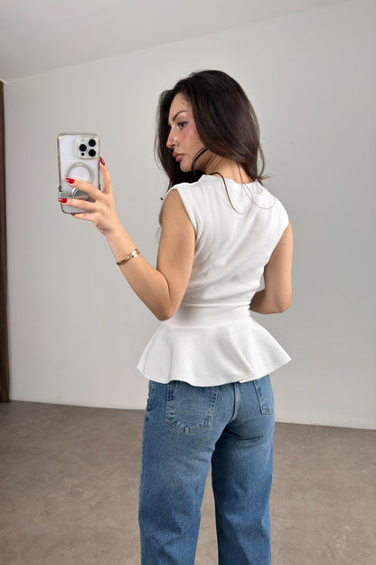 Knitted Ruffle Gold Button Peplum Top -white