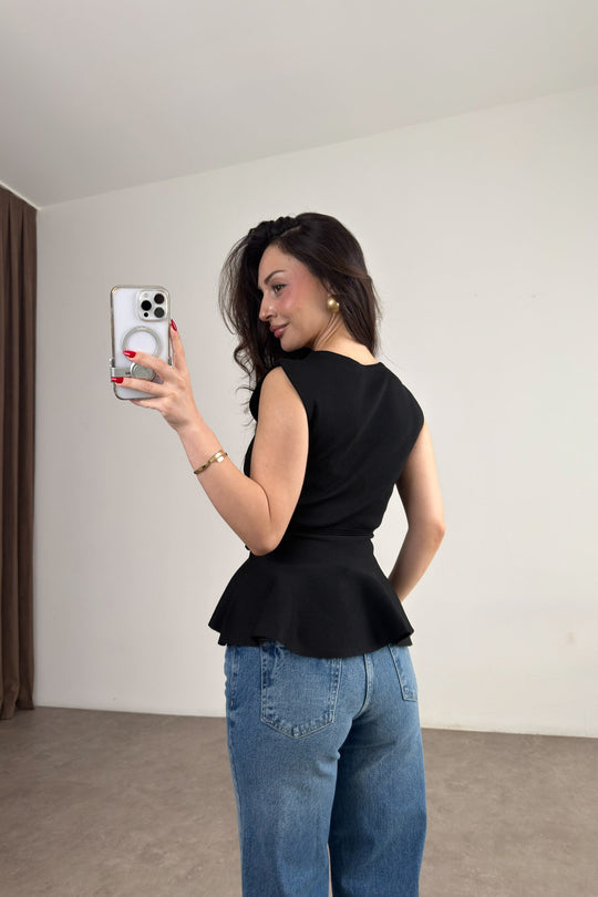 Knitted Ruffle Gold Button Peplum Top - black