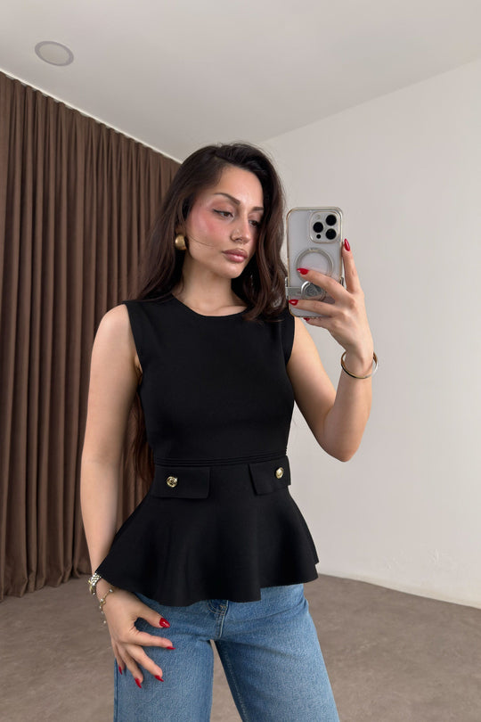 Knitted Ruffle Gold Button Peplum Top - black