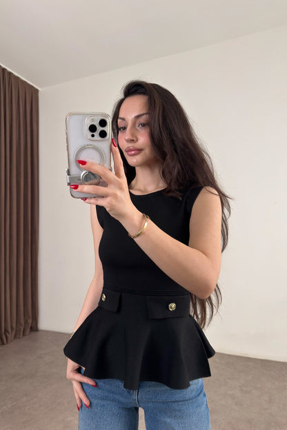 Knitted Ruffle Gold Button Peplum Top - black