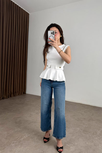 Knitted Ruffle Gold Button Peplum Top -white