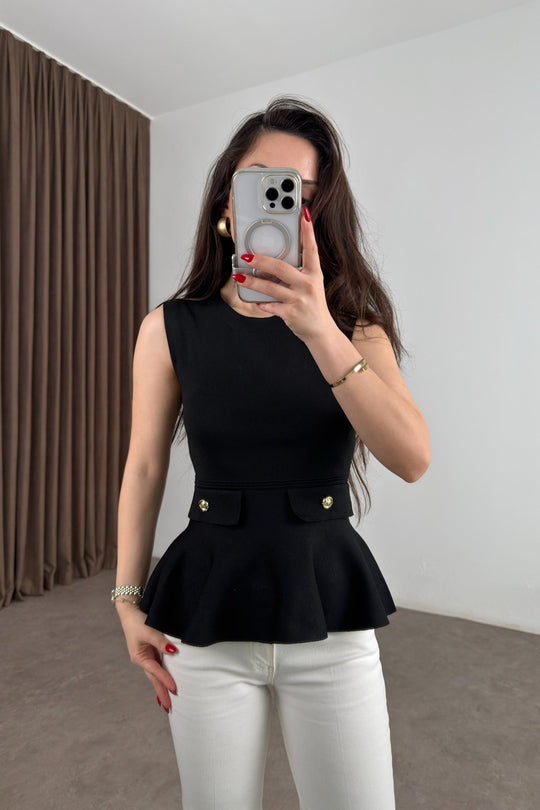 Knitted Ruffle Gold Button Peplum Top - black