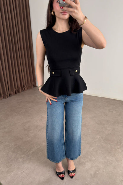 Knitted Ruffle Gold Button Peplum Top - black