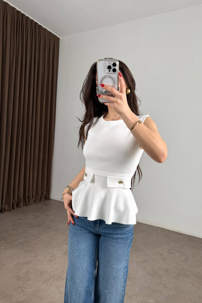 Knitted Ruffle Gold Button Peplum Top -white
