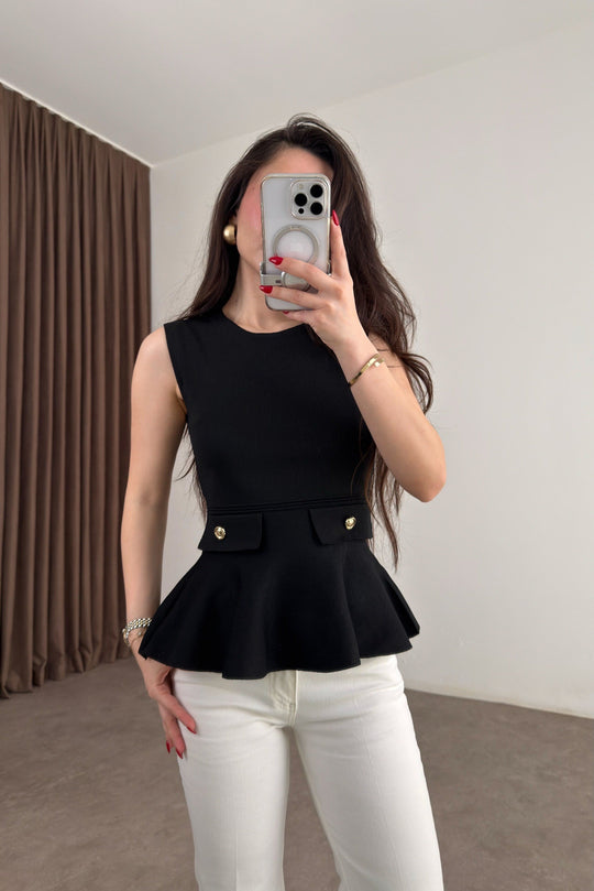 Knitted Ruffle Gold Button Peplum Top - black