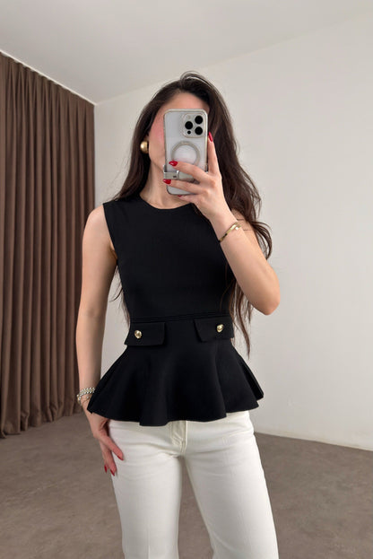Knitted Ruffle Gold Button Peplum Top - black