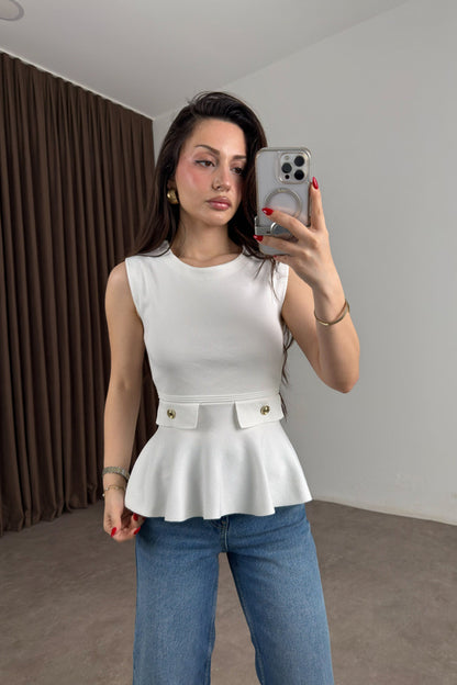 Knitted Ruffle Gold Button Peplum Top -white