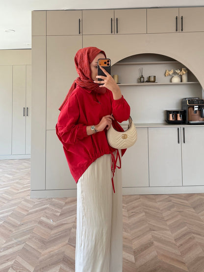 Oversized poplin jacket with snaps - red