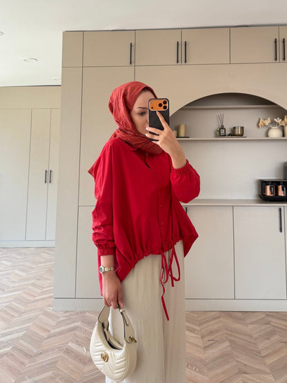 Oversized poplin jacket with snaps - red