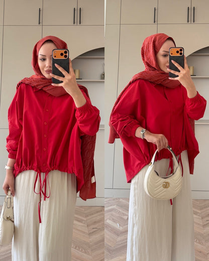 Oversized poplin jacket with snaps - red