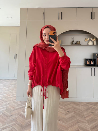 Oversized poplin jacket with snaps - red