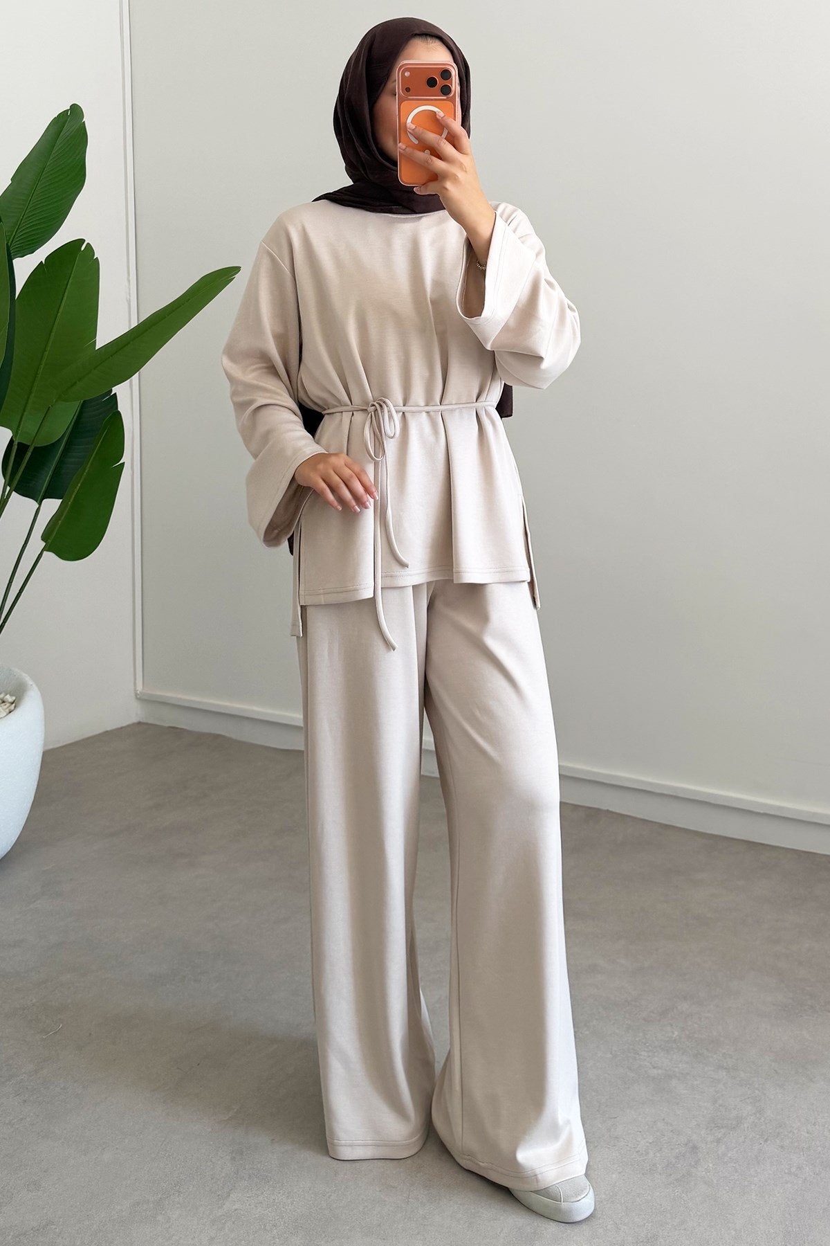 Oversize blouse with waistband wide leg trouser oysho fabric set - beige