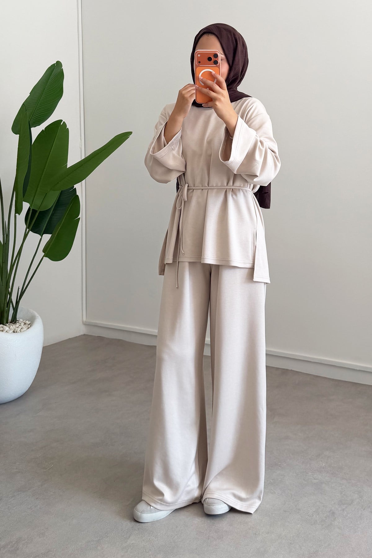 Oversize blouse with waistband wide leg trouser oysho fabric set - beige