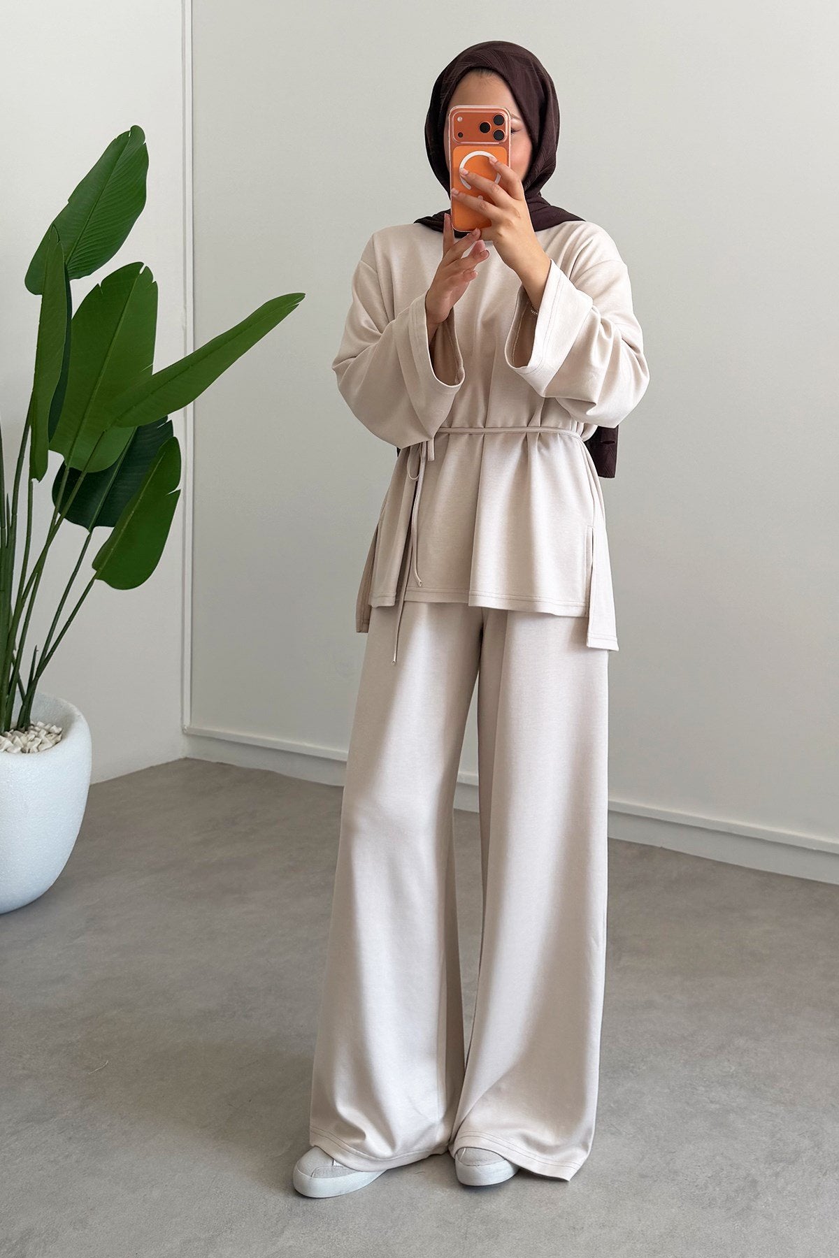 Oversize blouse with waistband wide leg trouser oysho fabric set - beige