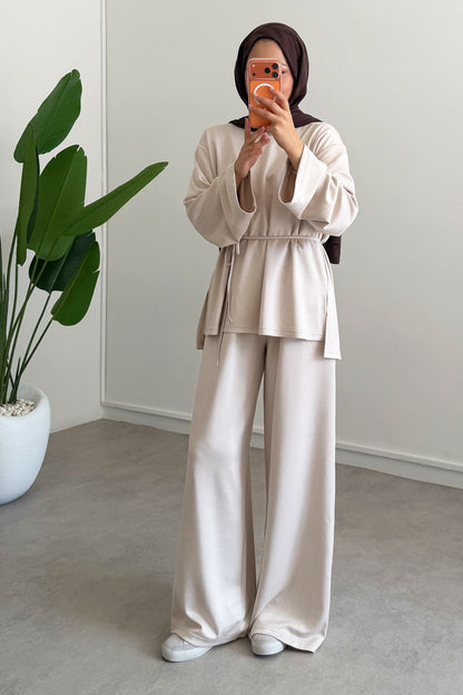 Oversize blouse with waistband wide leg trouser oysho fabric set - beige
