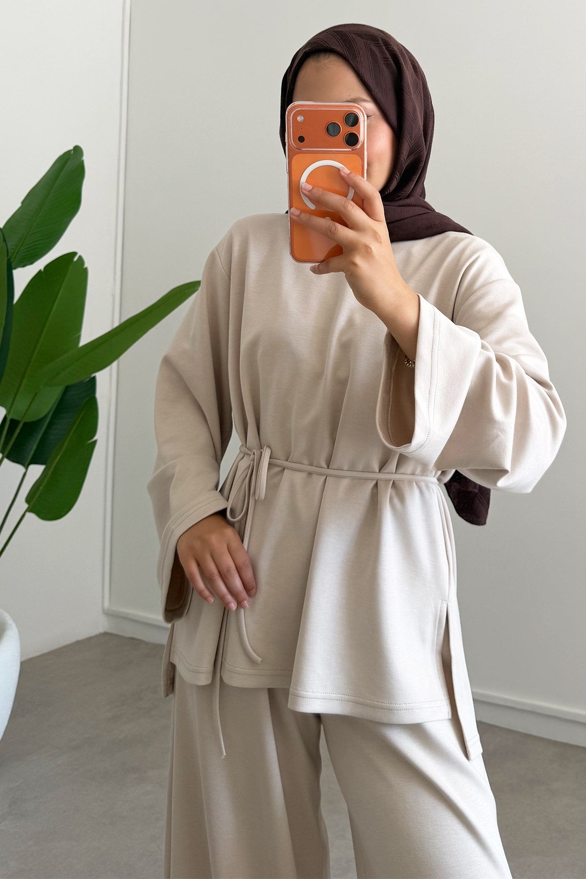 Oversize blouse with waistband wide leg trouser oysho fabric set - beige