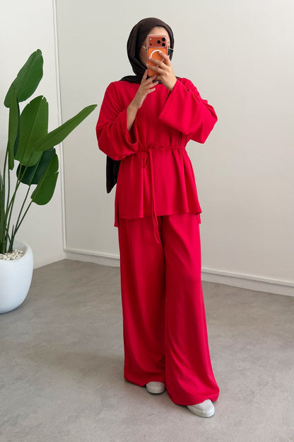 Oversize blouse with waistband wide leg trouser oysho fabric set - red