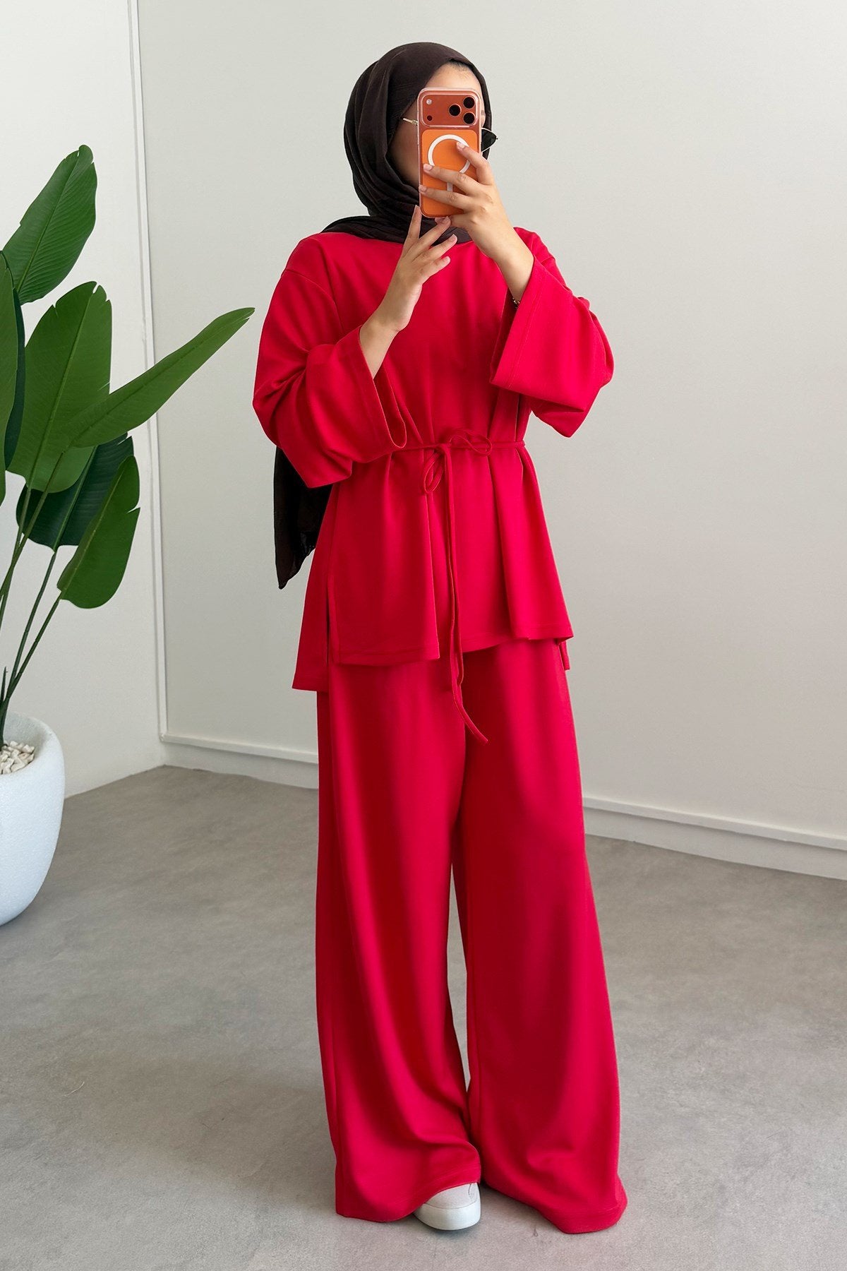 Oversize blouse with waistband wide leg trouser oysho fabric set - red