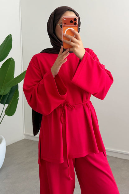 Oversize blouse with waistband wide leg trouser oysho fabric set - red