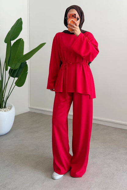 Oversize blouse with waistband wide leg trouser oysho fabric set - red