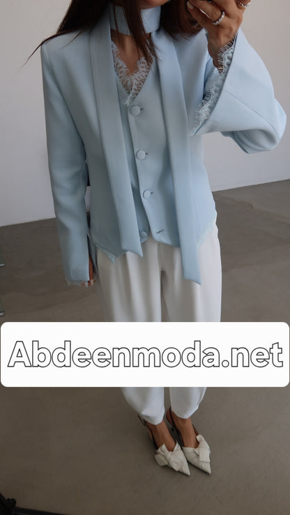 Lace Detail Button-Down Jacket- blue