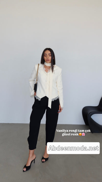Lace Detail Button-Down Jacket - off white