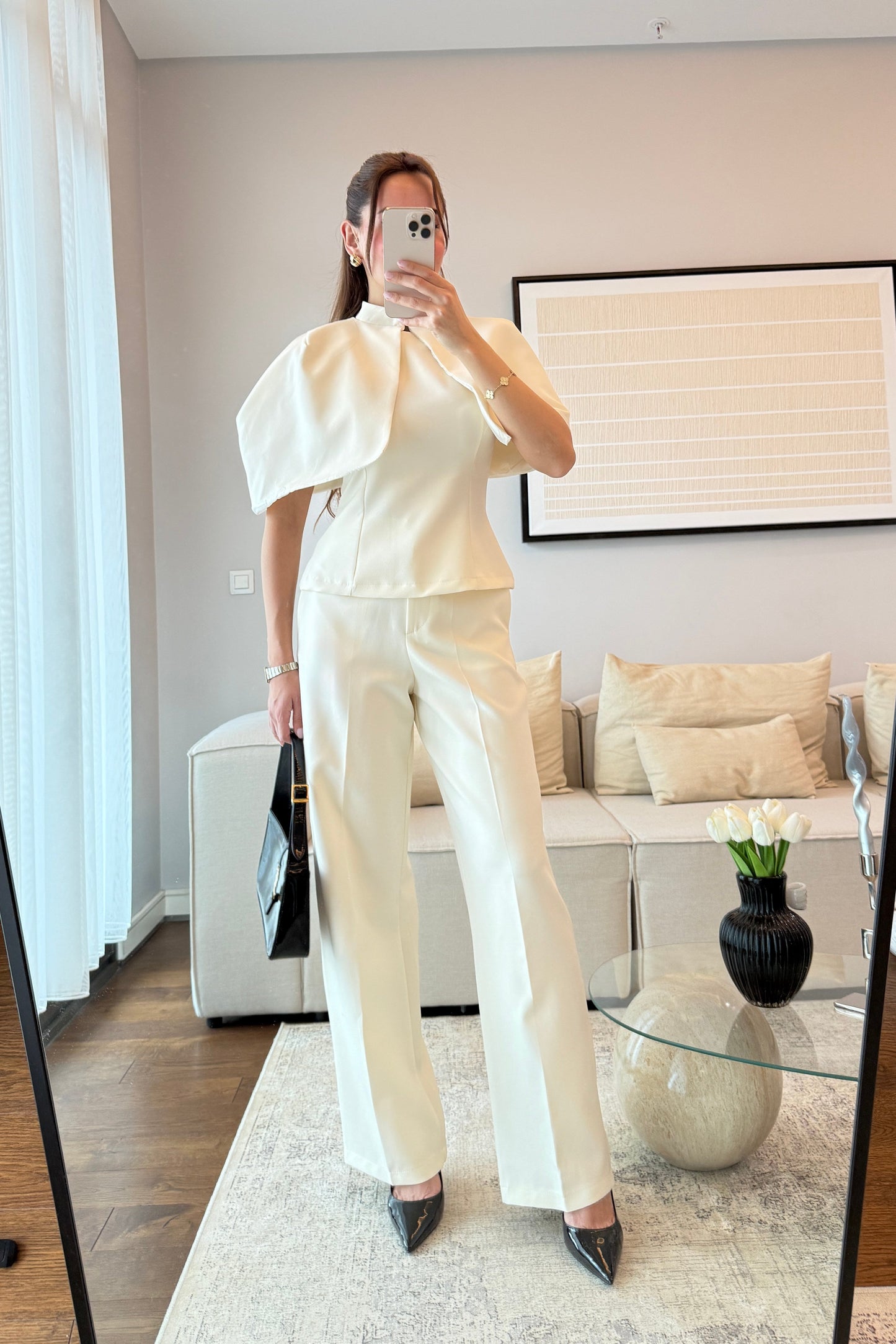 CAPE BLOUSE AND PANTS SET - beige