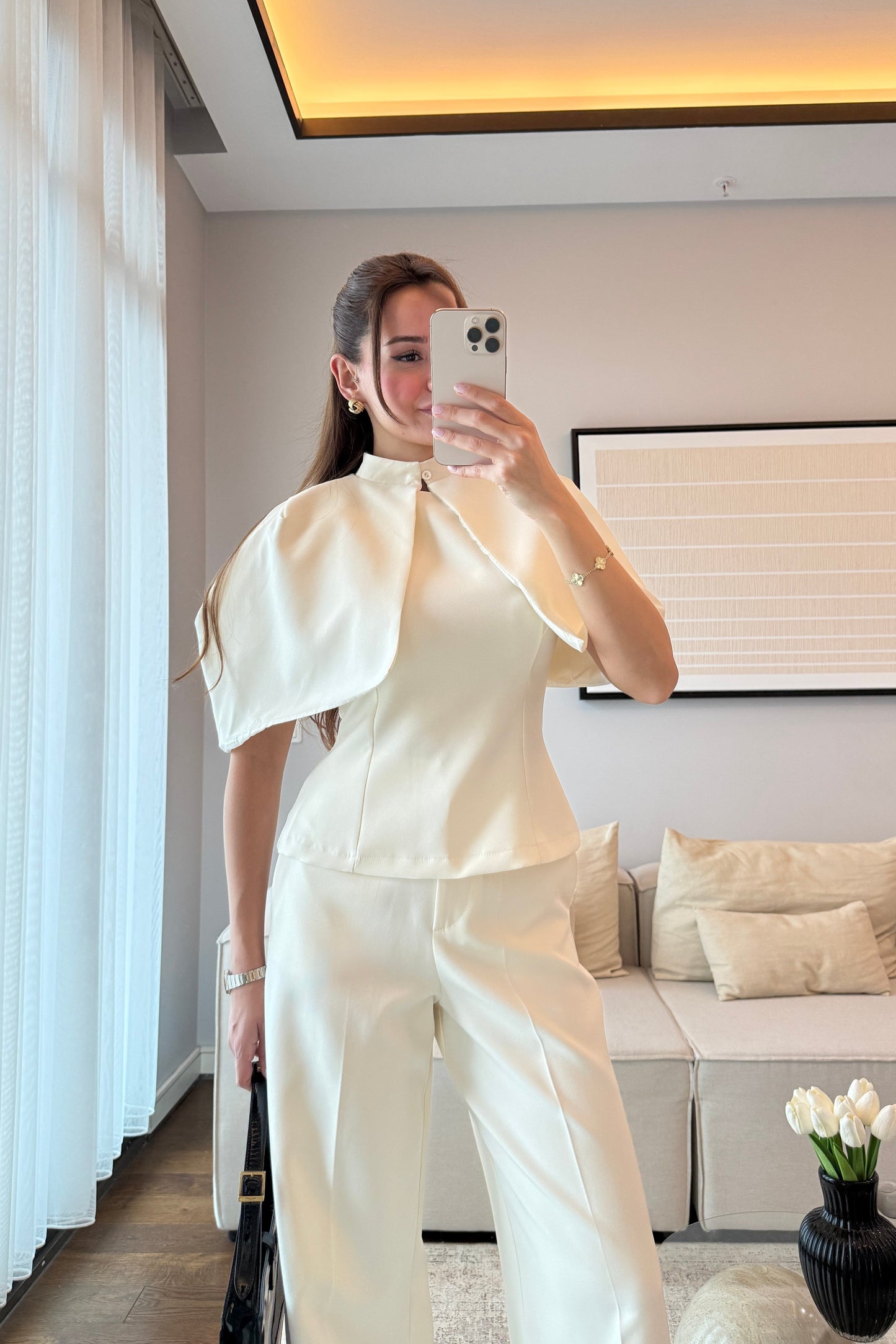 CAPE BLOUSE AND PANTS SET - beige