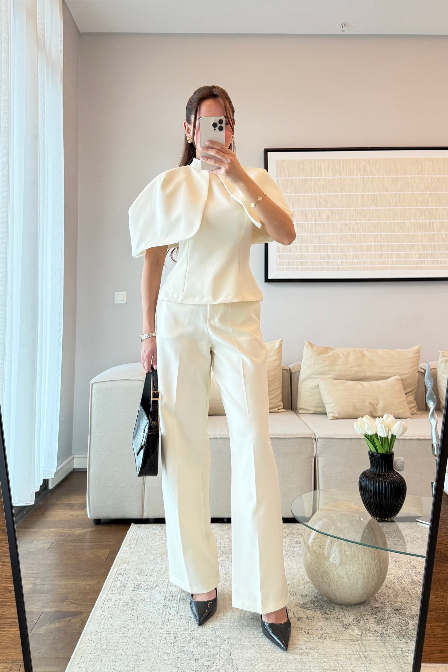 CAPE BLOUSE AND PANTS SET - beige
