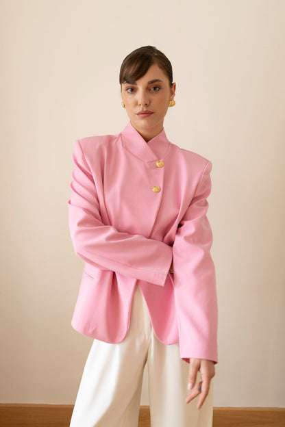 Pink Asymmetrical Jacket with Gold Button Details