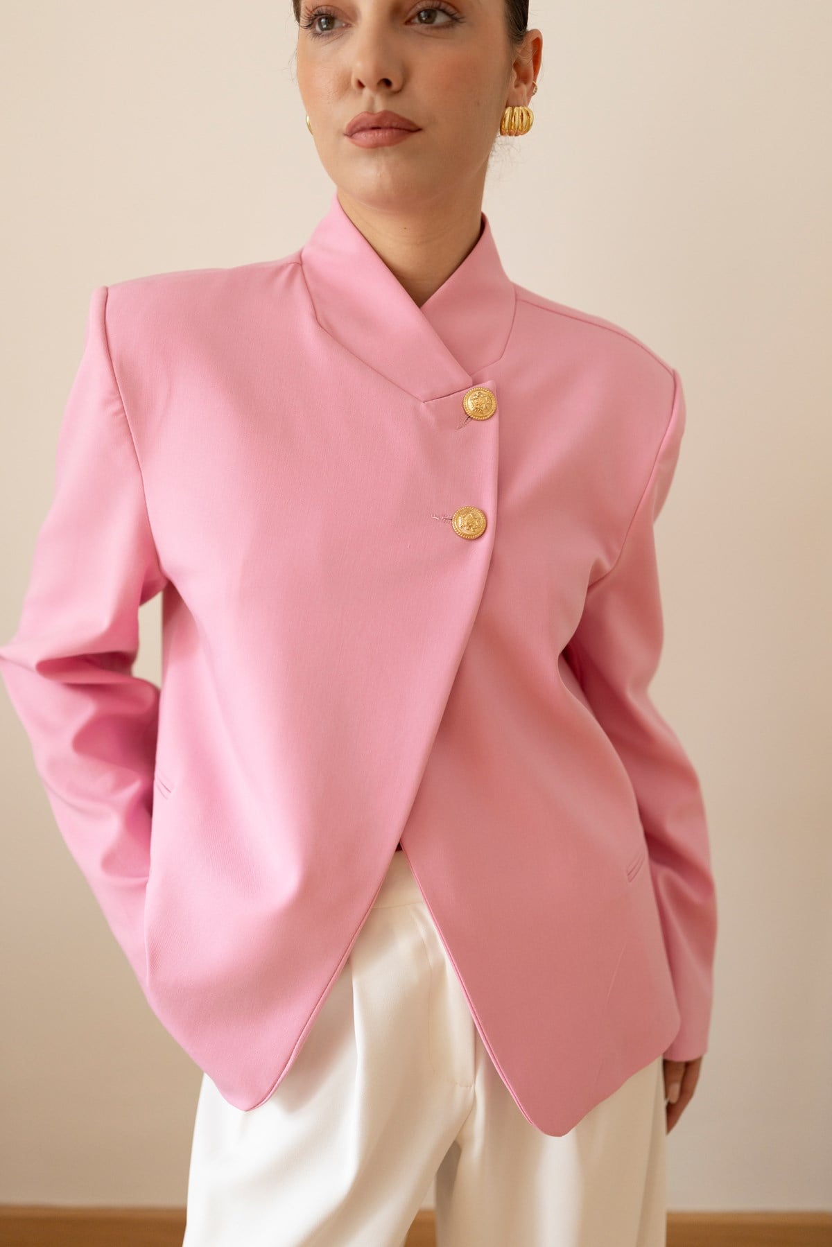 Pink Asymmetrical Jacket with Gold Button Details
