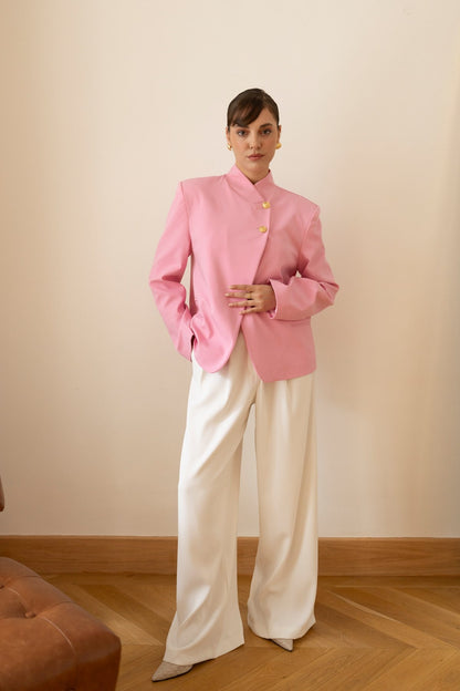 Pink Asymmetrical Jacket with Gold Button Details