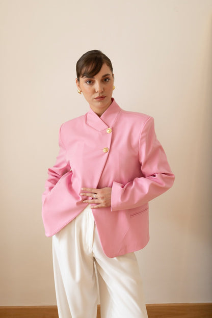 Pink Asymmetrical Jacket with Gold Button Details