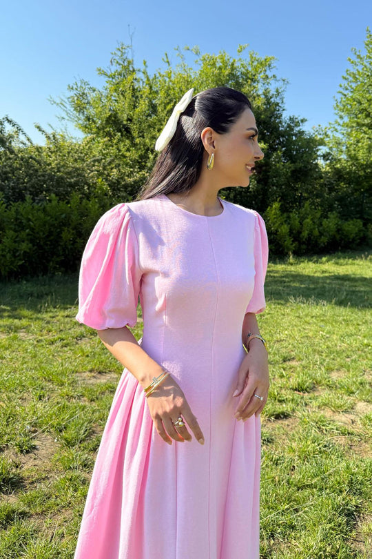 Short sleeve belted linen dress