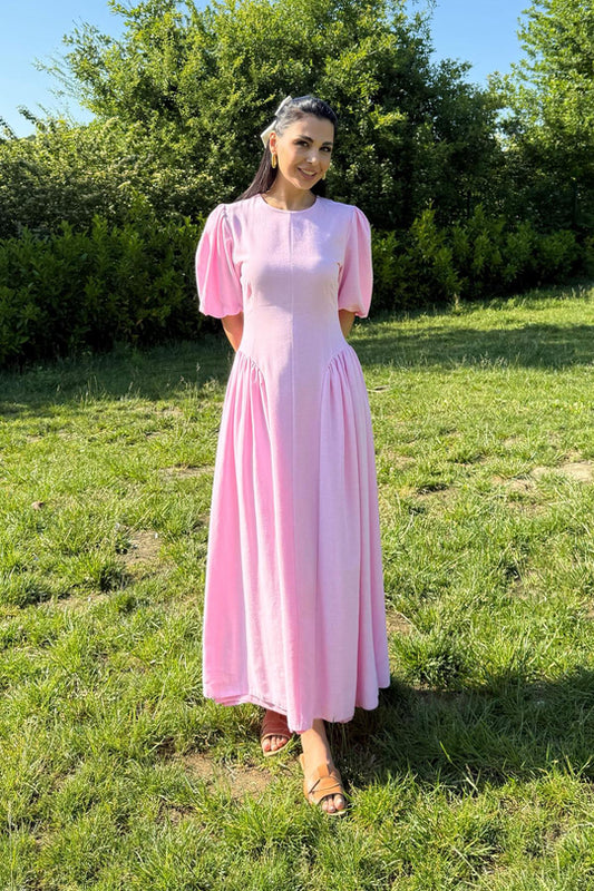 Short sleeve belted linen dress