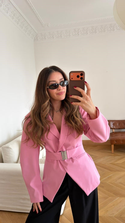Pink Double-Breasted blazer with Belt Detail