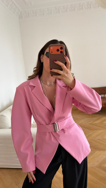 Pink Double-Breasted blazer with Belt Detail