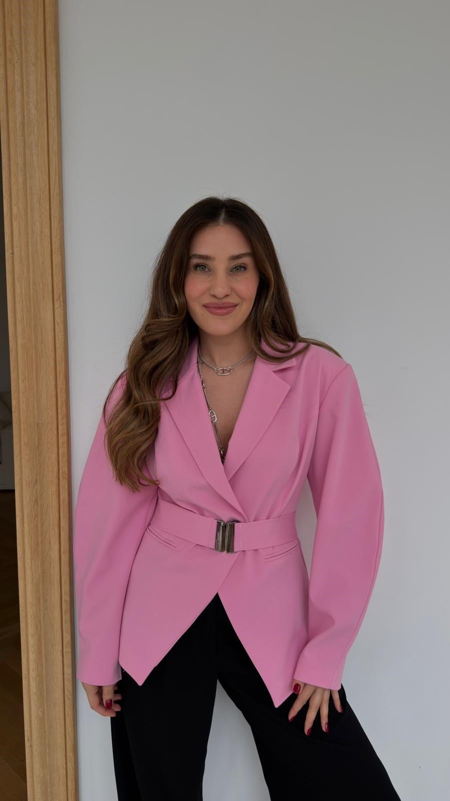 Pink Double-Breasted blazer with Belt Detail