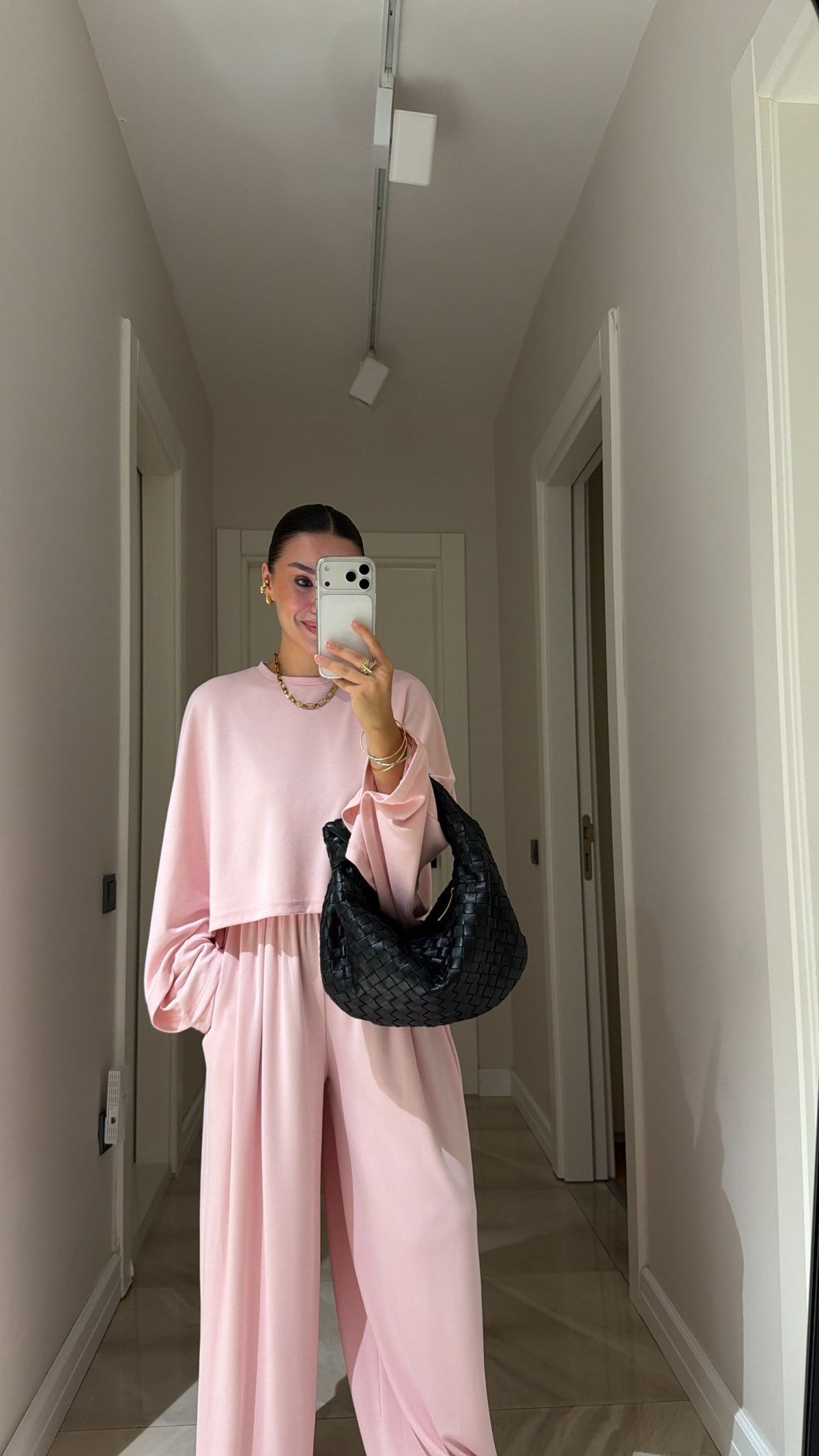 Cropped blouse Batwing Sleeve Detail Trousers Set - Pink