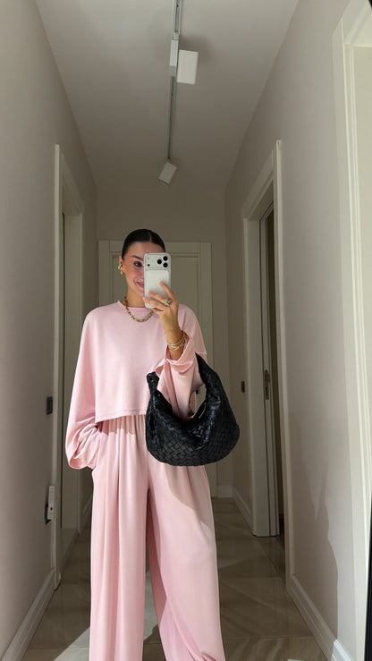 Cropped blouse Batwing Sleeve Detail Trousers Set - Pink
